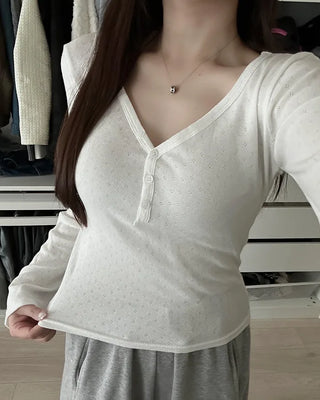 V-neck perforated button long-sleeve shirt