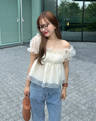 Organza Shirred Off-Shoulder Blouse