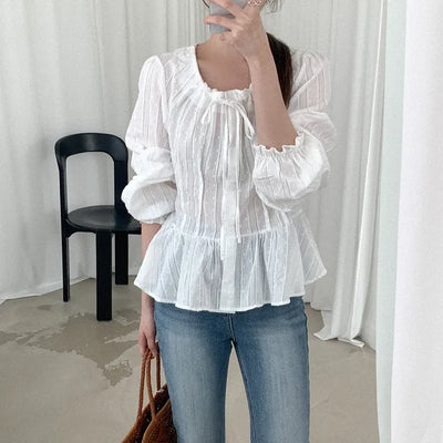(3 colors) Shirred Ribbon Blouse