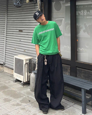 Double-pleated striped slacks