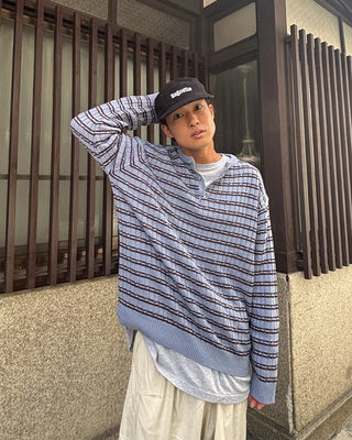 Henley neck striped knit