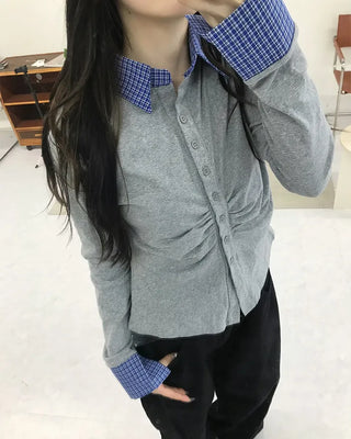 Checkered shirt layered gathered cardigan