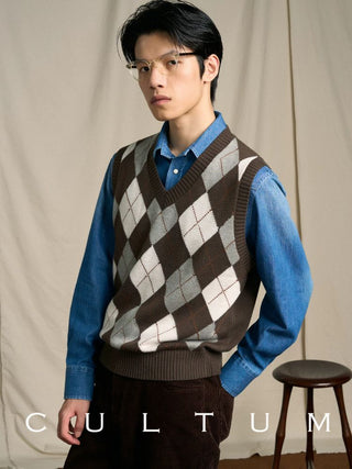 [CULTUM] Wool Blend Argyle V-Neck Knit Vest
