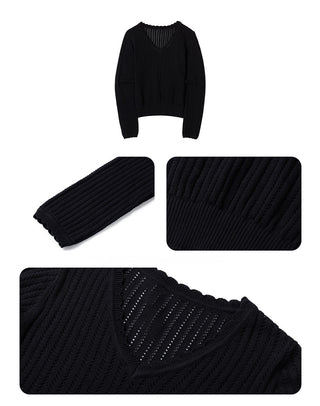 [NECY] Wavy Black Ribbed Slim Knit