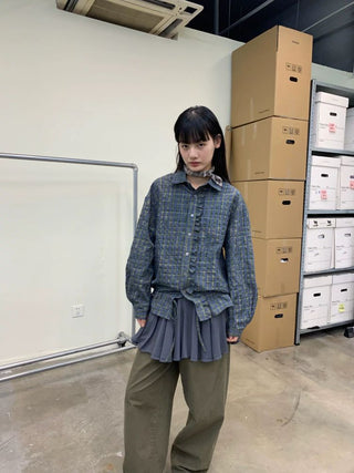 [NEVERSEEZ] Seersucker Check Ruffle Drawstring Shirt