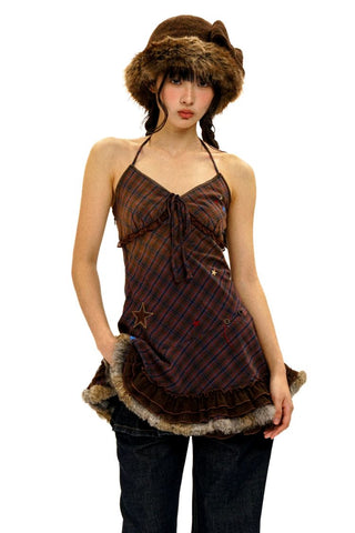 [Moromoro2] Star Polka Dot Mesh Fur Trim Cami  Dress