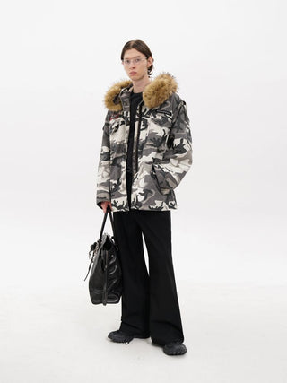 [MASONPRINCE] Camouflage Fur Collar Oversized Parka Coat