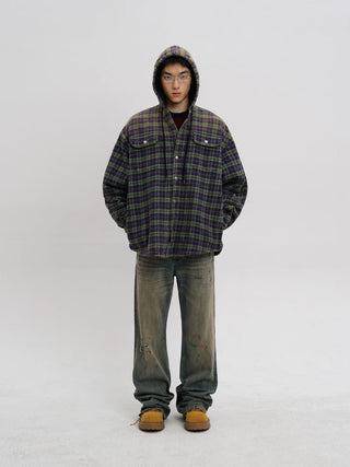 [MASONPRINCE] Faded Plaid Padded Hooded Shirt Jacket