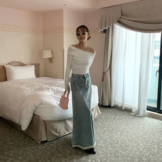 Shirred Asymmetrical Off-Shoulder Long T-Shirt