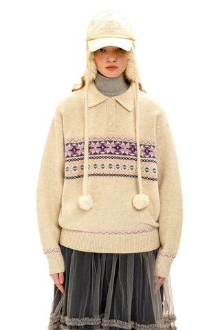 [Moromoro2] Pearl Snowflake Fair Isle Knit  Sweater