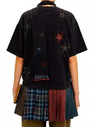 [Moromoro2] Star Patchwork Pleated Check  T-Shirt