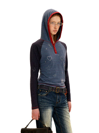 [Moromoro2] Contrast Stripe Rhinestone Long Sleeve  Tee