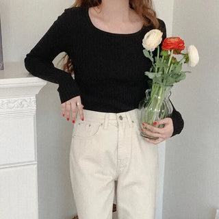 (5 colors) Ribbed Square Neck Knit Top
