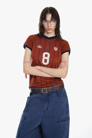 [MASONPRINCE] Mesh Sleeve Striped Sports Jersey Tee