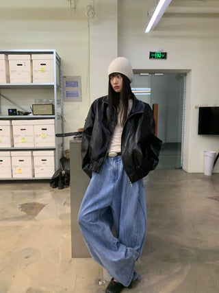 [NEVERSEEZ] Stand Collar Oversized PU Jacket