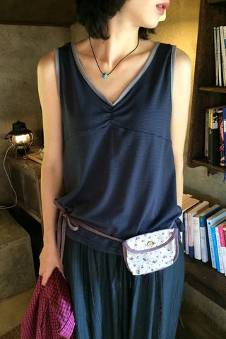 V-neck striped two-tone sleeveless top