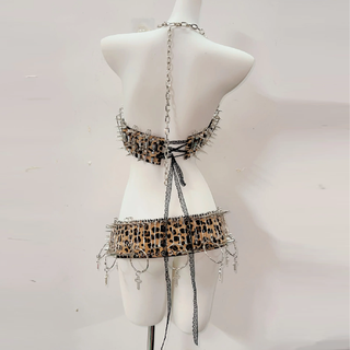 Leopard print o ring halter rivet mini skirt set