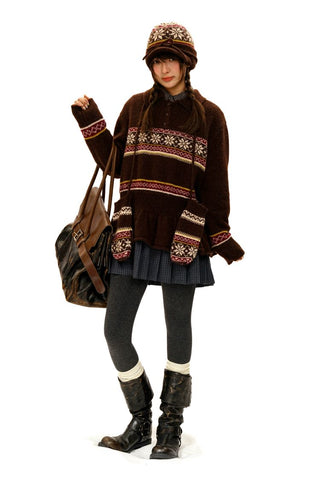 [Moromoro2] Fair Isle Knit Mittens with  Strap