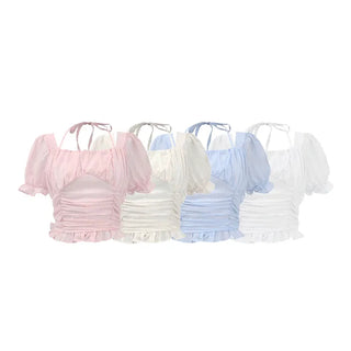 Puff-shirred short-sleeved blouse