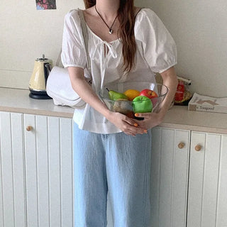 Ribbon puff summer blouse