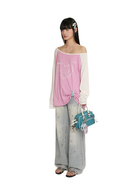 [Moromoro2] Y2K Bunny Print Wide Neckline Raglan  Tee