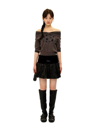 [Moromoro2] Off-Shoulder Star Rhinestone Knit  Top