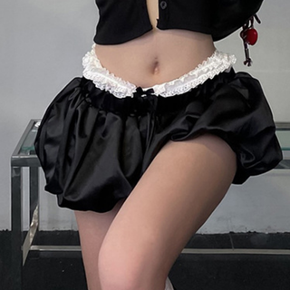 Lace hem ruched bowknot A line mini skirt