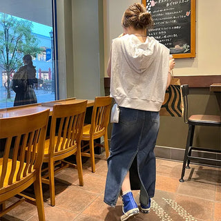 Washed denim long skirt