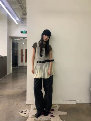 [NeverSeez] Mesh Layered Pleated Vest Dress