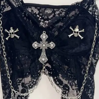 Lace metal chain cross applique v neck cami top