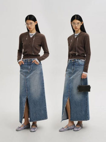 [MASONPRINCE] Faded Raw Hem Denim Maxi Skirt