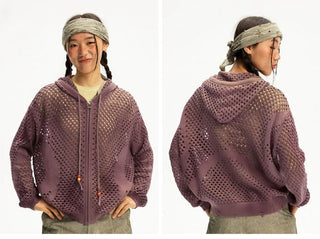 [Monterest] Spiral Mesh Washed Hooded Knit Cardigan