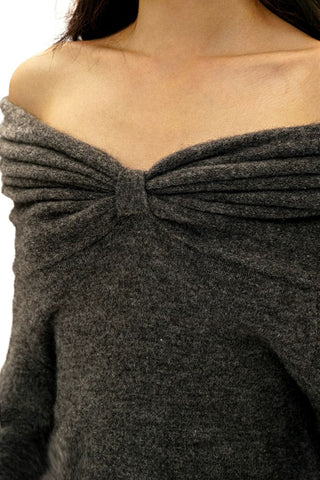[Moromoro2] Bow Pleated Off-shoulder Knit  Sweater