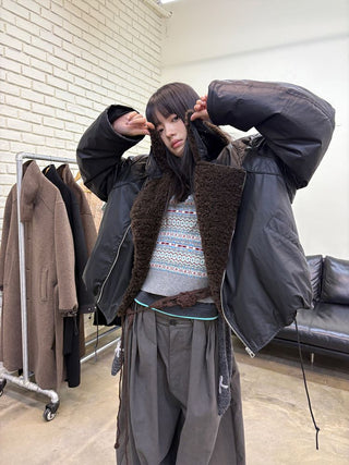 [NEVERSEEZ] Lapel Fleece Diagonal Zipper Jacket