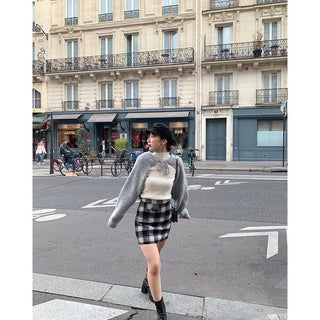 Wool check mini skirt
