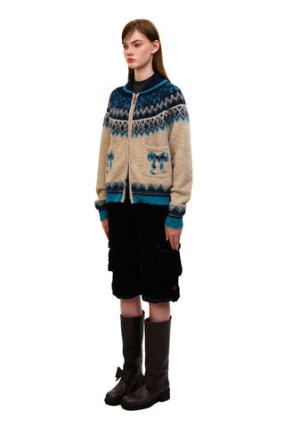 [Moromoro2] Fair Isle Bow Pocket Retro Collar  Cardigan