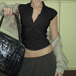 Turnover collar cap sleeve v neck top