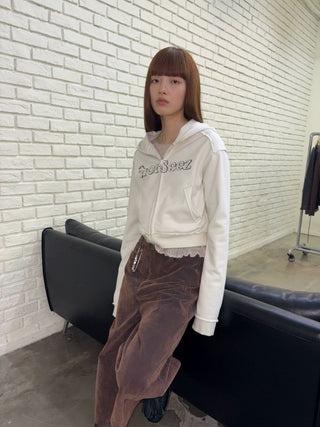 [NeverSeez] Cropped Raw Edge Hooded Zip-Up