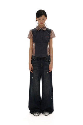 [Moromoro2] Washed Cat Whisker Distressed Wide Leg  Jeans