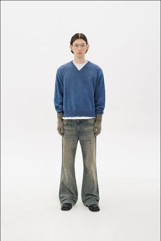 [MASONPRINCE] Double-Sided Jacquard V-Neck Wool Blend Sweater