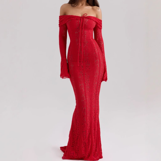 Long flared sleeve off shoulder lace self tie maxi dress