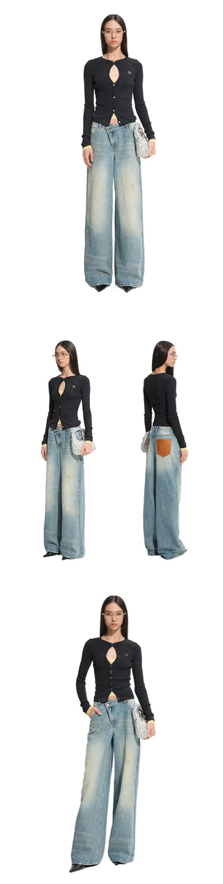 [NOTAWEAR] Washed Leather Pocket Low Rise Wide  Jeans