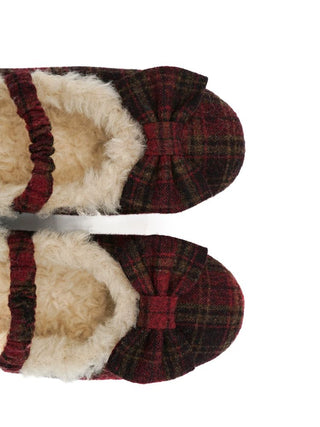 [Moromoro2] Plaid Bow Fur-Lined Ballet  Flats