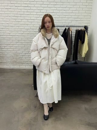 [NEVERSEEZ] Spliced Detachable Fur Collar Down Jacket