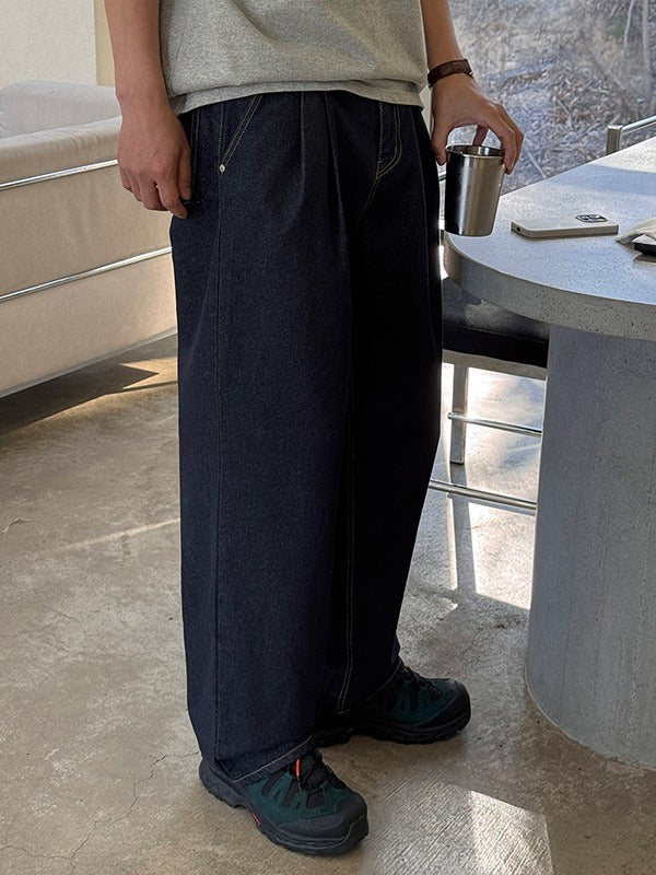 Nice Double-Pleat Wide Raw Denim Pants