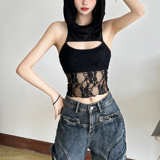 Hoodie lace hollow out off shoulder 2-way cut out top