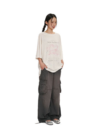 [Moromoro2] Washed Bow Graffiti Rhinestone Oversized  Tee