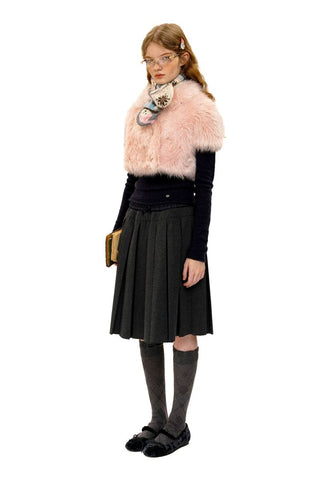 [Moromoro2] Linen Satin Plaid Pleated Skirt