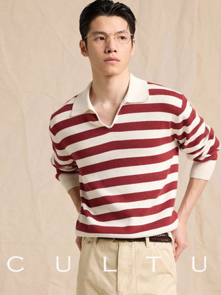 [CULTUM] Cotton Striped Open Collar Knit Sweater