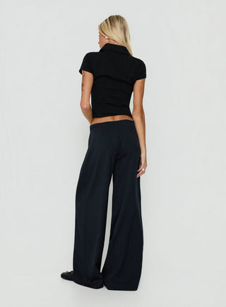 Yuzima Micro Belt Pleated Pants Navy Pinstripe